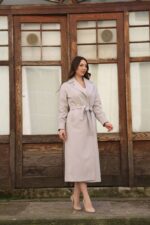 Pleated Cuff Belted Long Coat Stone T-033 - Image 2