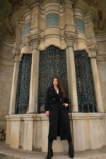 Pleated Cuff Belted Long Coat Black T-033 - Image 5