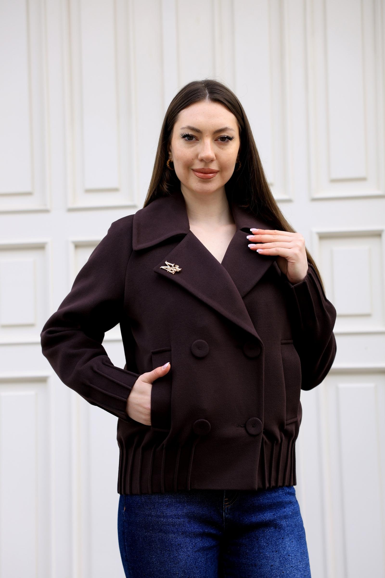 1 Brooch Detail Double-Breasted Short Coat Brown 5017 - Image 1