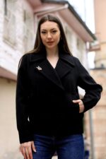 Brooch Detail Double-Breasted Short Coat Black 5017