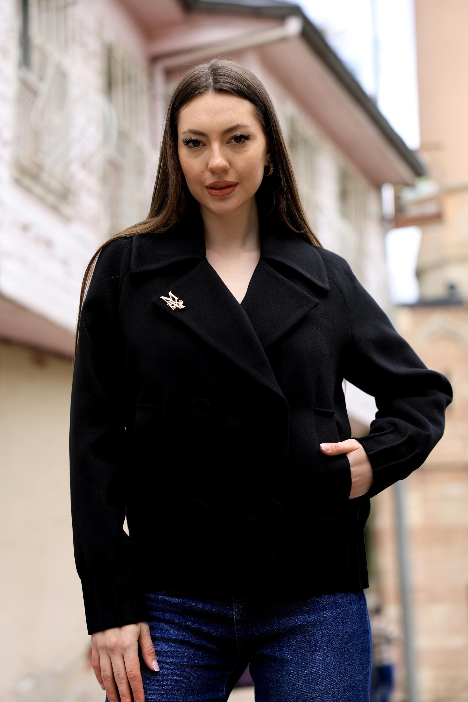 1 Brooch Detail Double-Breasted Short Coat Black 5017 - Image 1
