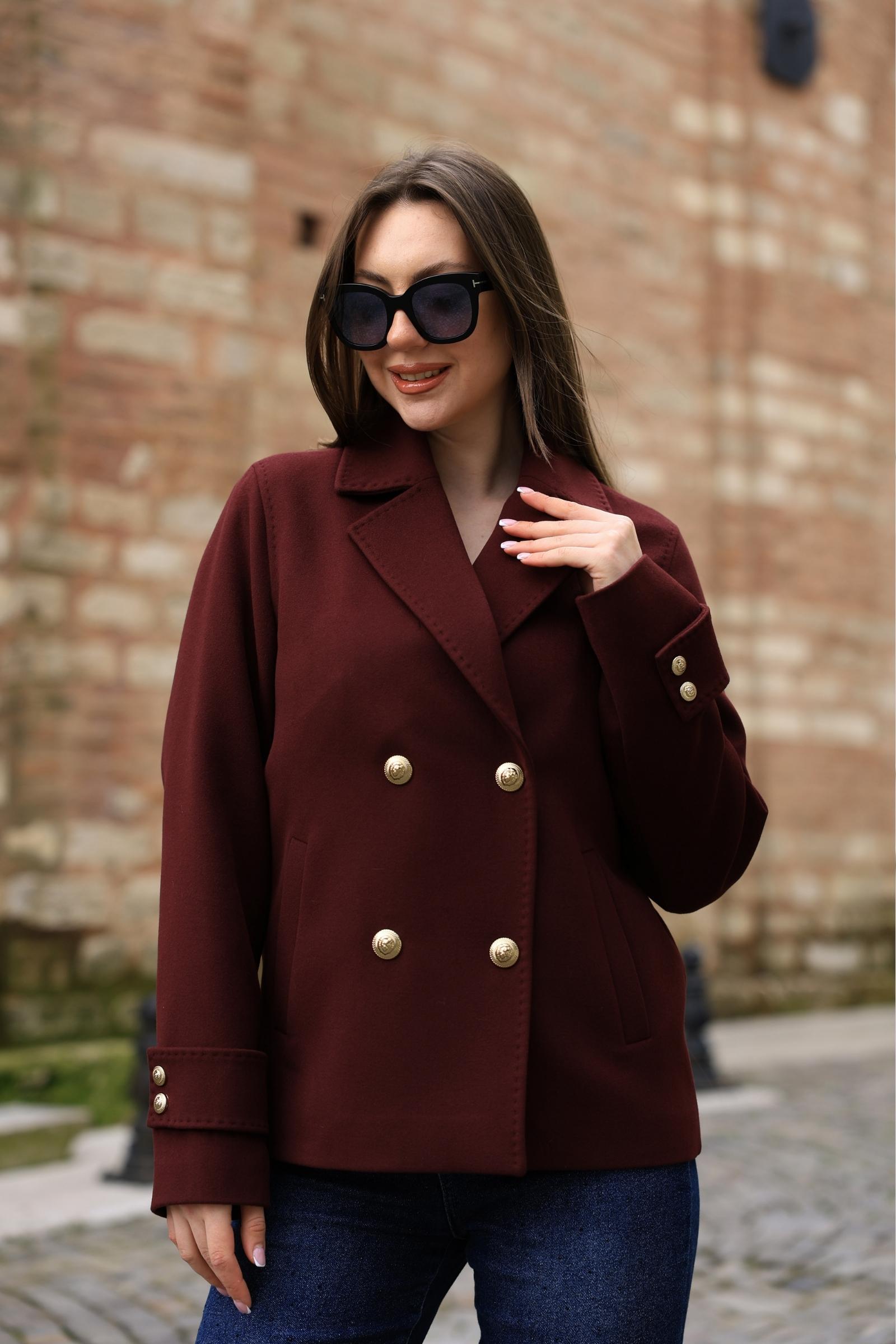 1 Double-Breasted Gold Button Short Coat Burgundy 9308 - Image 1
