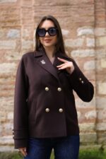 Double-Breasted Gold Button Short Coat Brown 9308