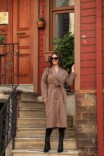 Brooch Detail Belted Long Coat Milky Coffee T-037 - Image 4