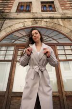 Pleated Cuff Belted Long Coat Stone T-033 - Image 3