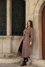 Pleated Cuff Buckle Detail Belted Trench Coat Milky Coffee T-033 - Image 3