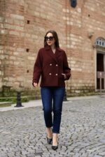Double-Breasted Gold Button Short Coat Burgundy 9308 - Image 2