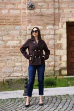 Double-Breasted Gold Button Short Coat Brown 9308 - Image 2