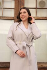 Pleated Cuff Belted Long Coat Stone T-033