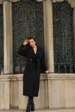 Pleated Cuff Belted Long Coat Black T-033 - Image 3