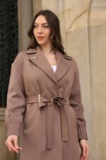 Pleated Cuff Buckle Detail Belted Trench Coat Milky Coffee T-033 - Image 2