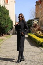 Classic Belted Long Coat Black T-037 - Image 2