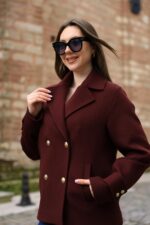 Double-Breasted Gold Button Short Coat Burgundy 9308 - Image 3