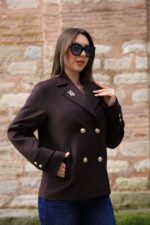 Double-Breasted Gold Button Short Coat Brown 9308 - Image 3