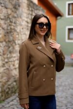 Double-Breasted Gold Button Short Coat Dark Camel 9308 - Image 3