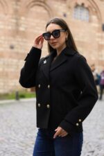 Double-Breasted Gold Button Short Coat Black 9308 - Image 3