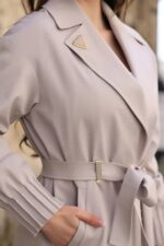 Pleated Cuff Belted Long Coat Stone T-033 - Image 4