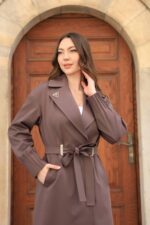 Pleated Cuff Belted Long Coat Mink T-033 - Image 2