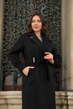 Pleated Cuff Belted Long Coat Black T-033 - Image 2