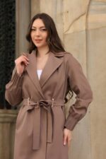 Pleated Cuff Buckle Detail Belted Trench Coat Milky Coffee T-033