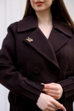 Brooch Detail Double-Breasted Short Coat Brown 5017 - Image 4
