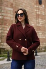 Double-Breasted Gold Button Short Coat Burgundy 9308 - Image 4