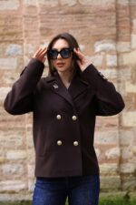 Double-Breasted Gold Button Short Coat Brown 9308 - Image 4