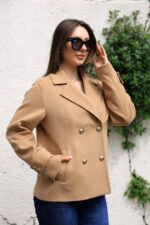 Double-Breasted Gold Button Short Coat Camel 9308 - Image 4
