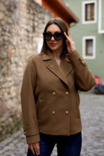 Double-Breasted Gold Button Short Coat Dark Camel 9308 - Image 4