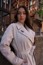 Brooch Detail Belted Long Coat Stone T-037