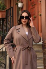 Brooch Detail Belted Long Coat Milky Coffee T-037