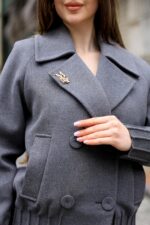Brooch Detail Double-Breasted Short Coat Grey 5017 - Image 5