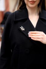 Brooch Detail Double-Breasted Short Coat Black 5017 - Image 5
