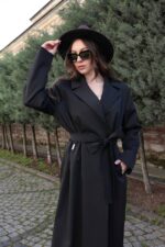 Classic Belted Long Coat Black T-089 - Image 2