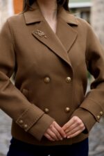 Double-Breasted Gold Button Short Coat Dark Camel 9308 - Image 5