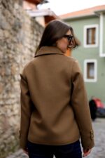 Double-Breasted Gold Button Short Coat Dark Camel 9308 - Image 6