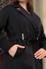 Pleated Cuff Belted Long Coat Black T-033 - Image 6