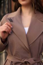 Brooch Detail Belted Long Coat Milky Coffee T-037 - Image 5