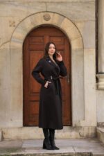 Pleated Cuff Belted Long Coat Brown T-033 - Image 4