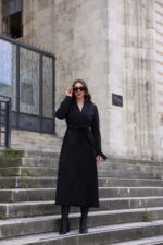 Classic Belted Long Coat Black T-090 - Image 4