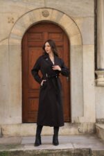 Pleated Cuff Belted Long Coat Brown T-033 - Image 3