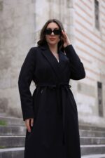 Classic Belted Long Coat Black T-090 - Image 2