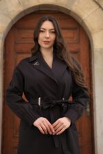Pleated Cuff Belted Long Coat Brown T-033